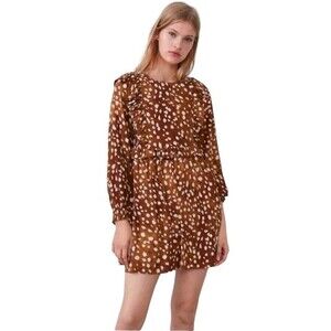 ZARA Animal Print Spotted Long Sleeve Mini Dress Brown Tan White Women's size XL